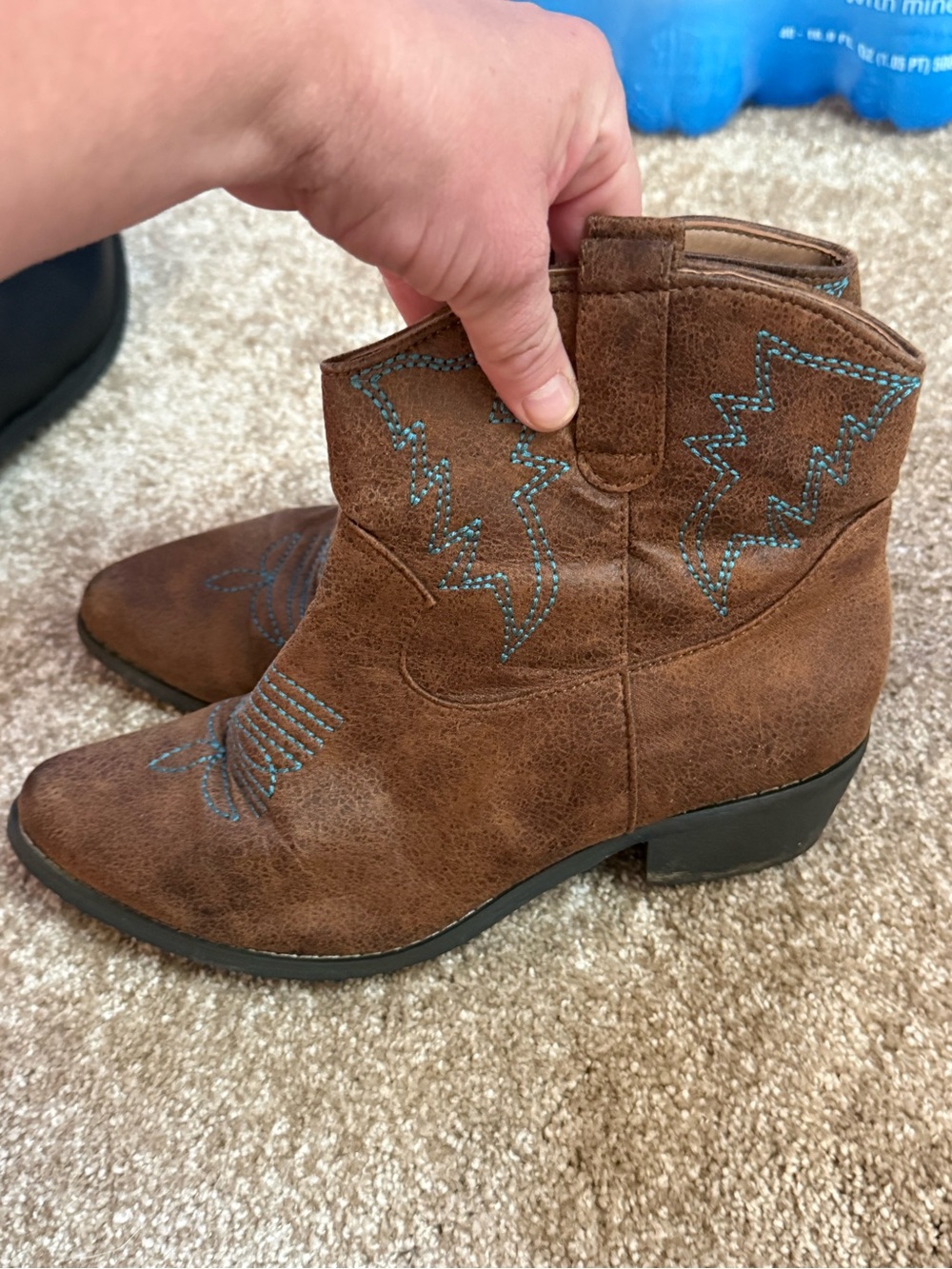 Women's Brown Suede Ankle Booties with Turquoise Stitching